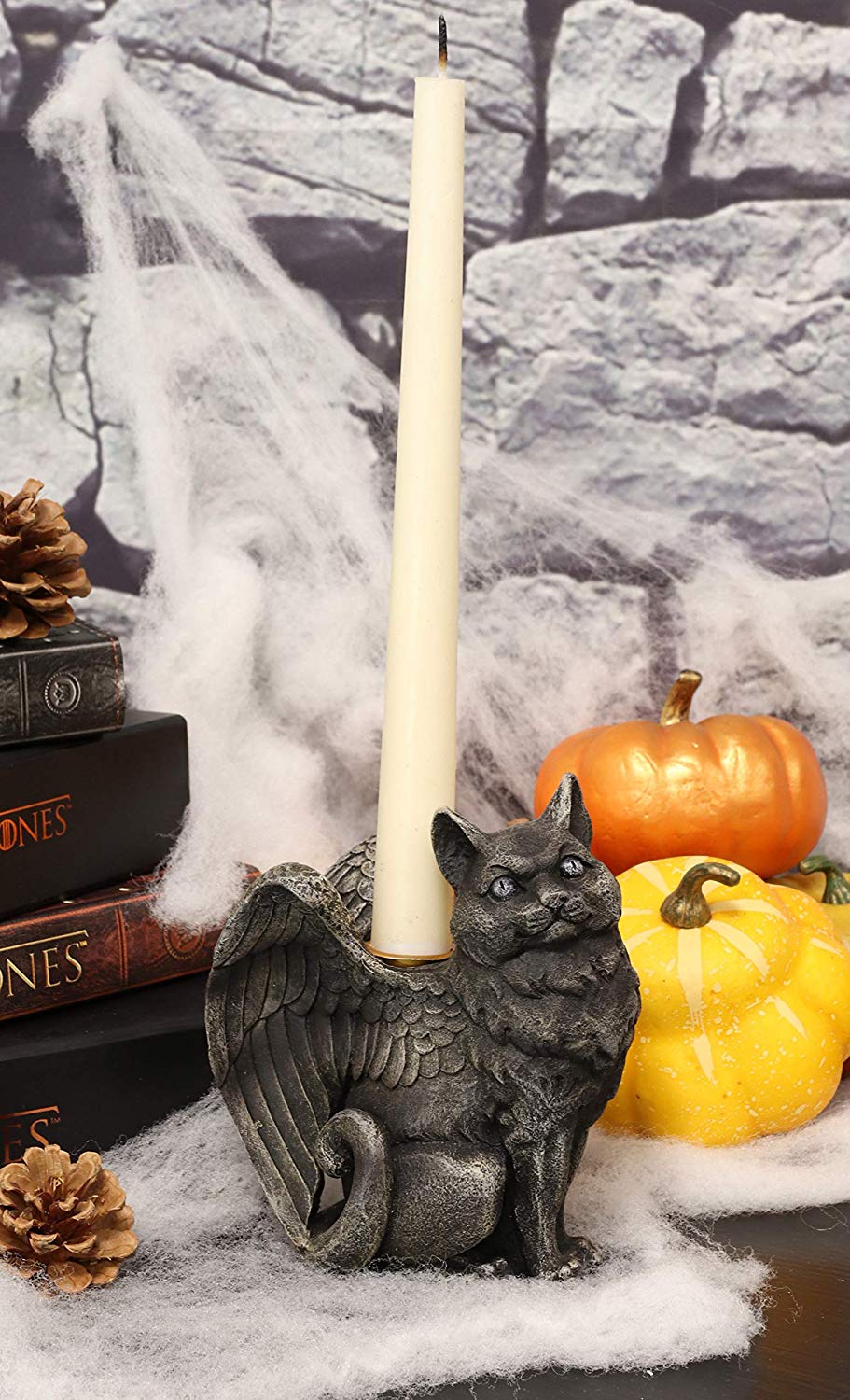 Gothic Notre Dame Angel Wings Cat Gargoyle Right Facing Candle Holder Statue 5"H - Ebros Gift