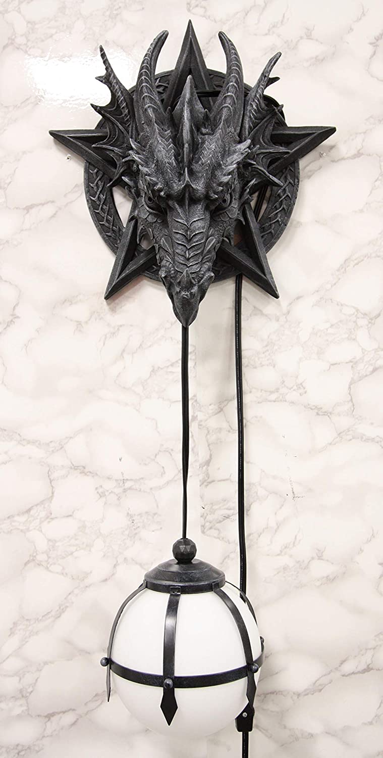 Medieval Fantasy Pentagram Dragon Sculptural Wall Lamp With Hanging Light Orb