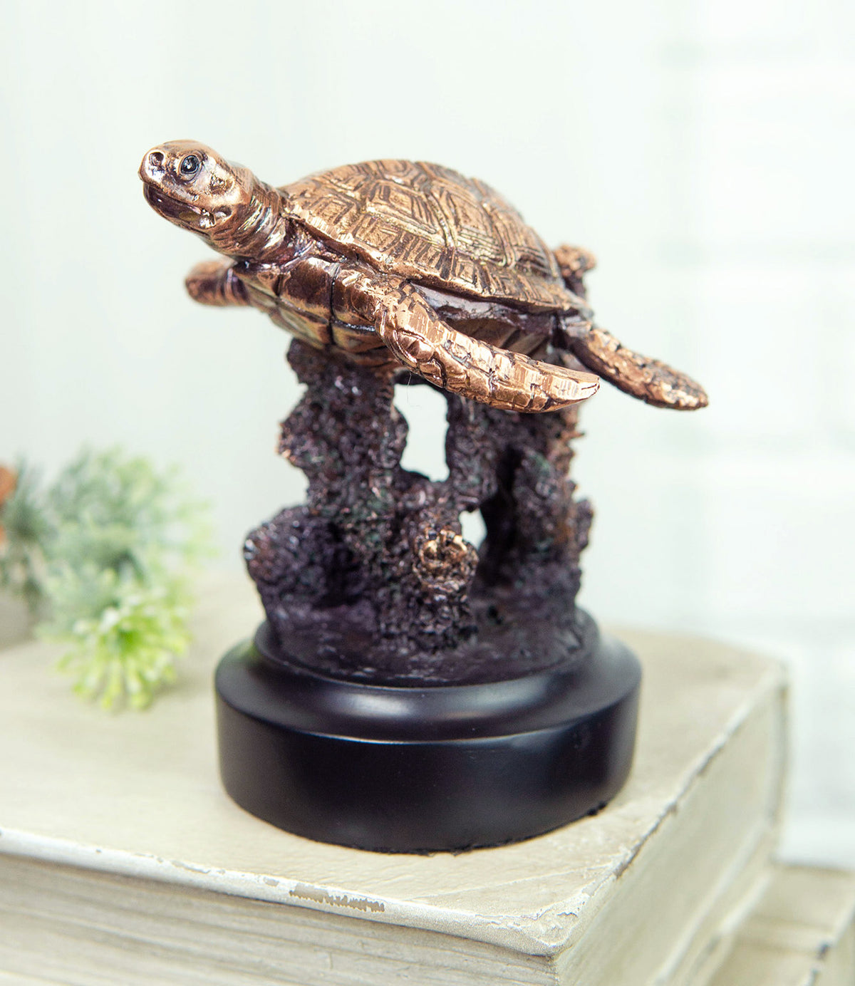 Marine Sea Turtle Swimming By Coral Reef Electroplated Bronze Resin Figurine - Ebros Gift