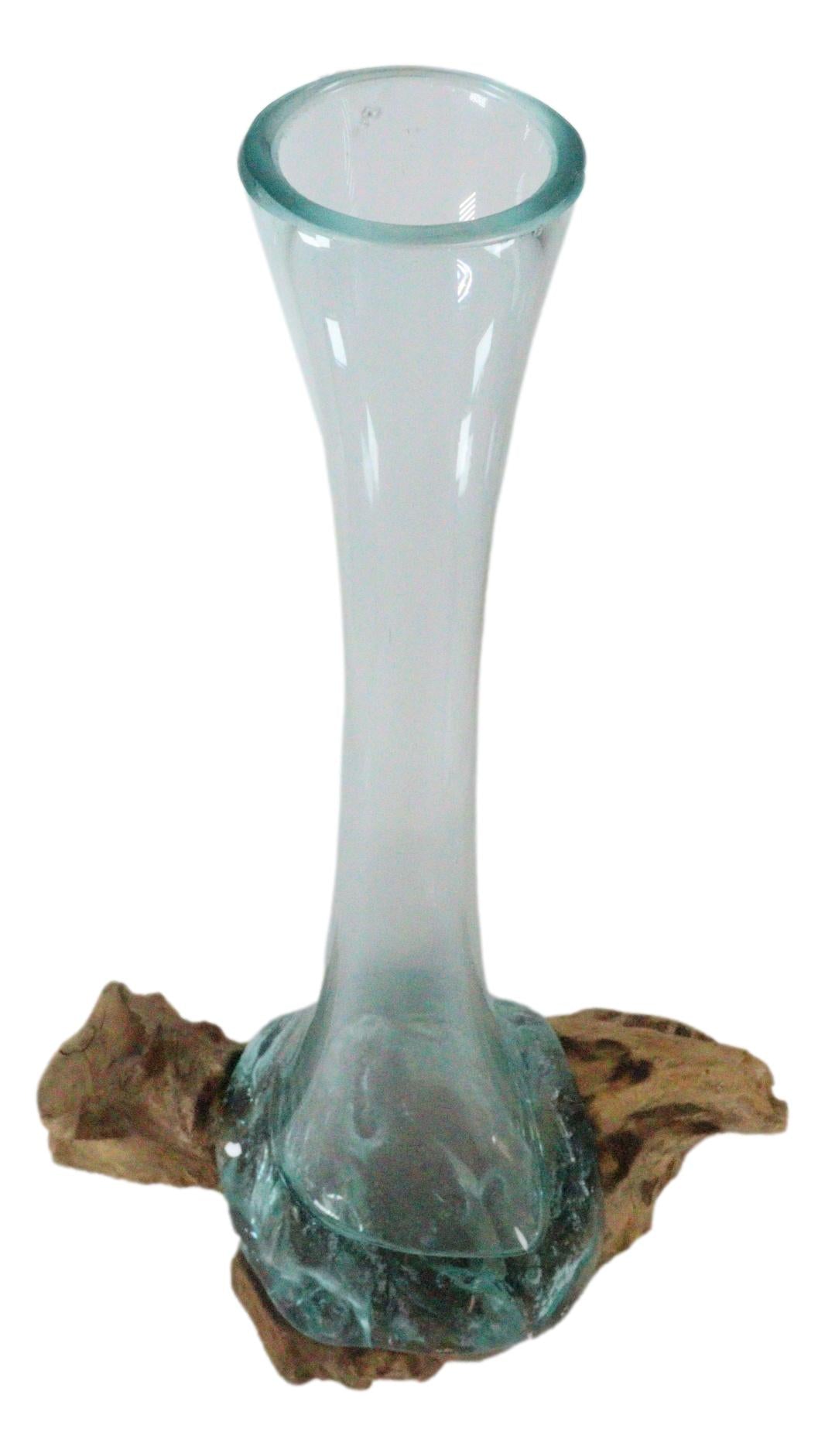 Balinese Gamal Driftwood With Long Necked Hand Blown Molten Glass Floral Vase - Ebros Gift