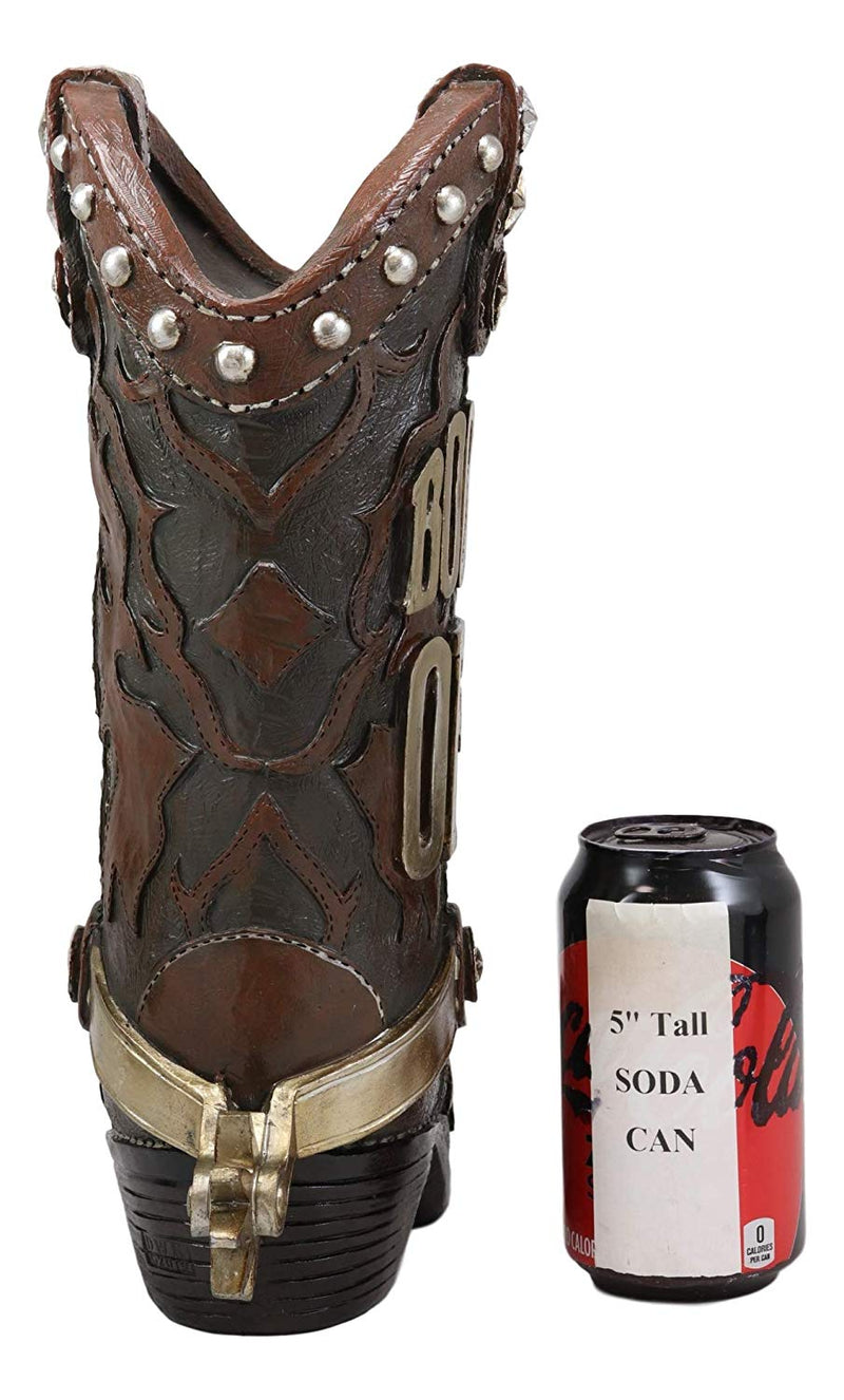 Ebros Gift 13" Tall Rustic Western Brown Cowboy Boot With Spur And Western Stars In Tooled Leather Design Decorative Figurine Courtesy Sign 'Boots Off Please' For Home Entrance Mudroom Backyard Patio