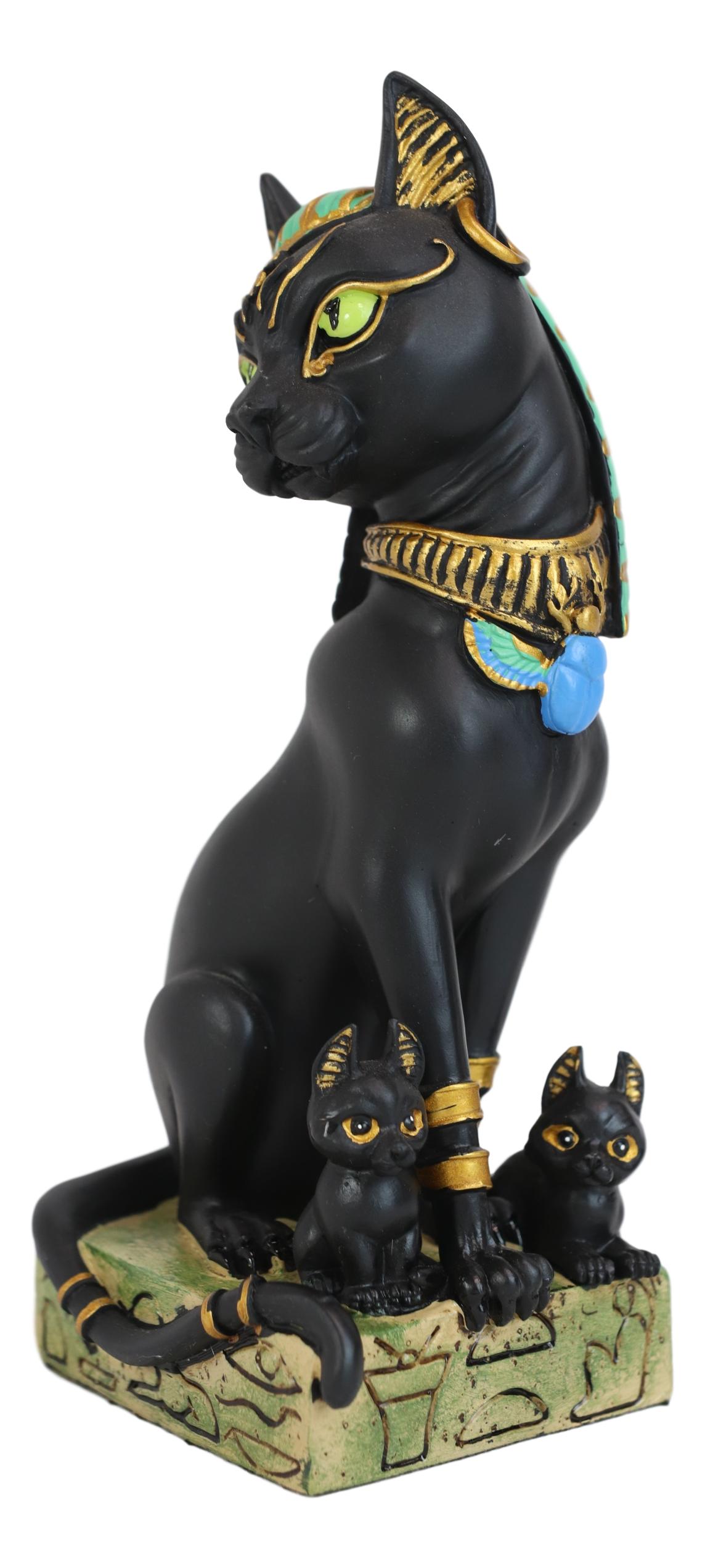 Egyptian Goddess Sitting Cat Bastet Mother With Kittens Statue in Vivid Colors