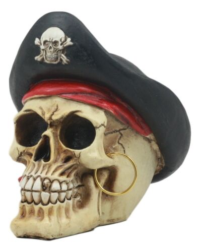 Pirate Captain Hook Marauder Skull With Golden Earring Statue Skeleton Decor - Ebros Gift