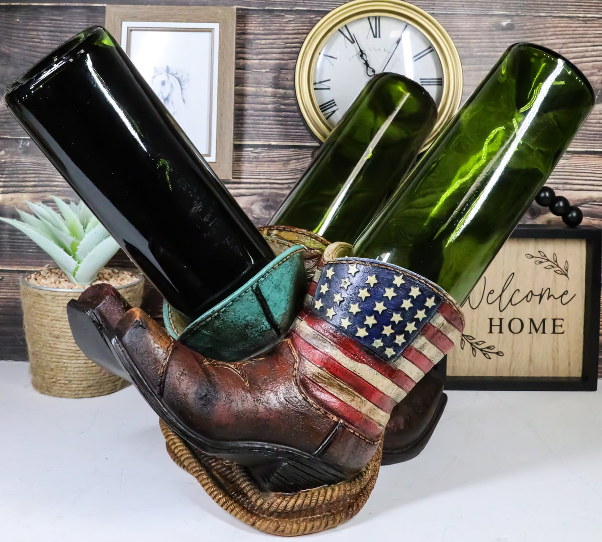 Western Patriotic American Flag Faux Tooled Leather Boots 3 Bottles Wine Holder