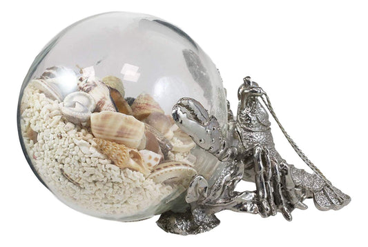 Ebros Nautical Aluminum Sea Lobster Pushing Glass Globe Ball Sculpture 6.25" L