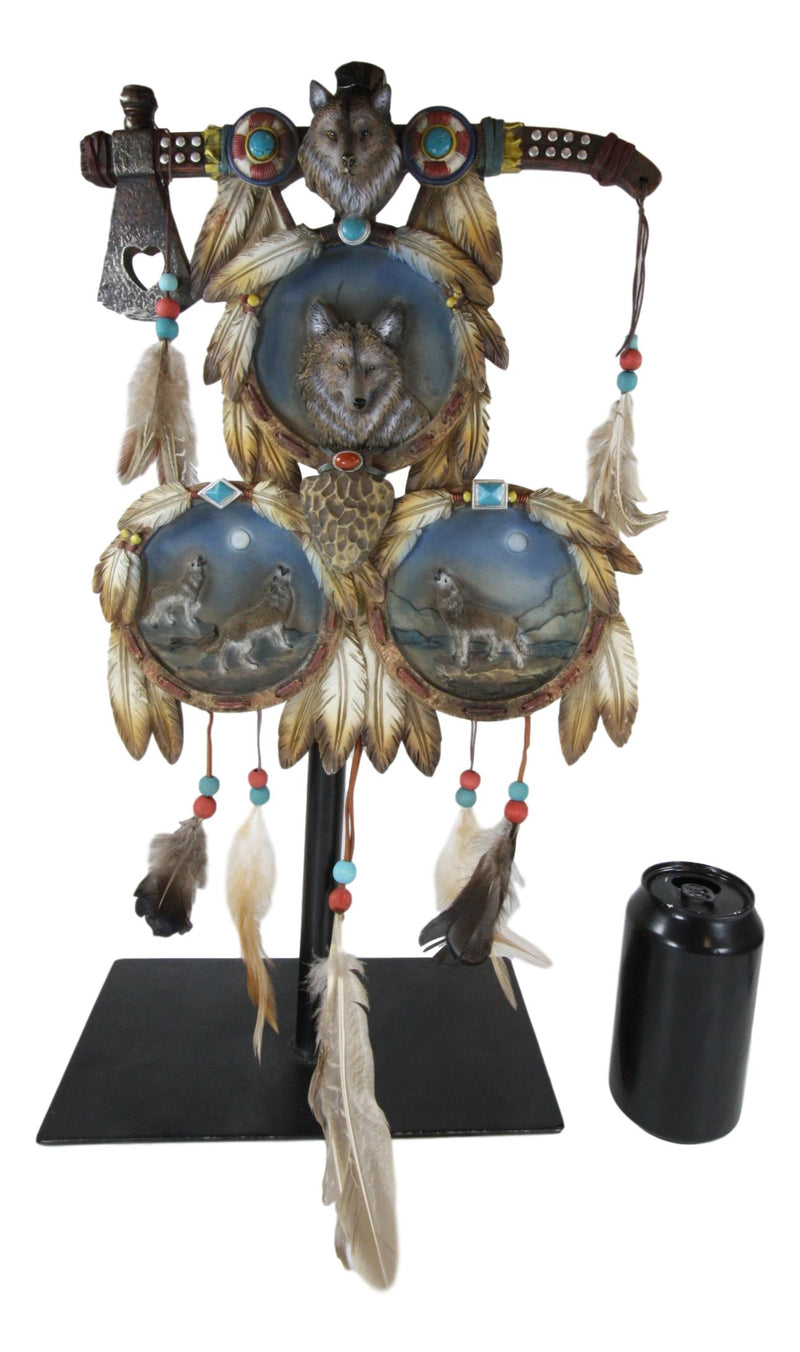 Ebros Triple Wolves Eagle Warpath Axe Dreamcatcher Beaded Lace Feathers Desktop Plaque