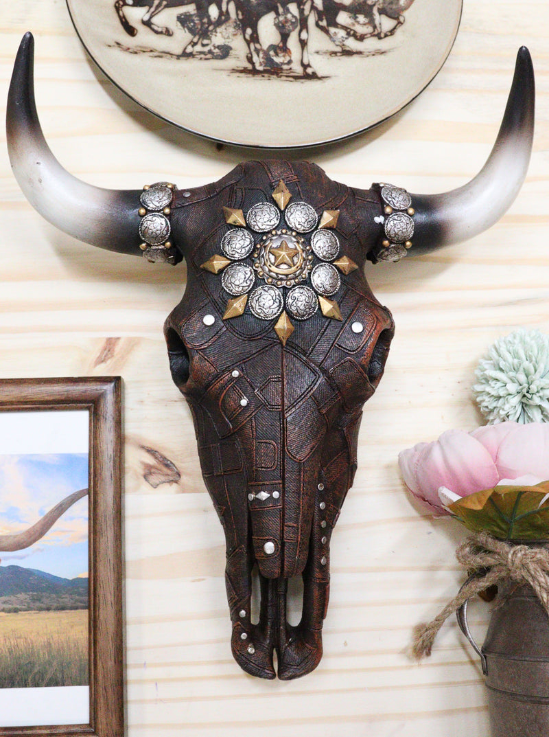 Western Faux Patched Denim Steer Cow Skull With Star And Conchos Wall Decor