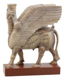 Assyrian Bull Lamassu Statue 8.5"L Decorative Shedu On Wooden Pedestal Figurine