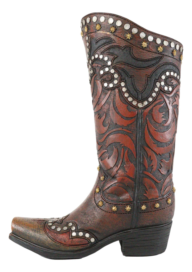 Rustic Western Tooled Leather Lace Studded Boot Floral Vase With Tassel Frill