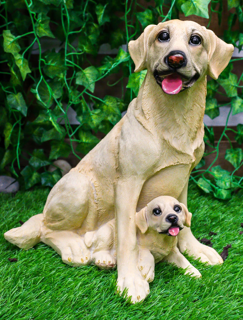 Ebros Sitting Adorable Yellow Labrador Retriever Mother with Puppy Statue 11.25" H Golden Retriever Dog Home Decor Sculpture Animal Realistic Figurine with Glass Eyes