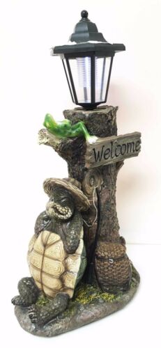 Summer Turtle Tortoise & Frog Hiker Statue With Solar Powered Lantern LED Light