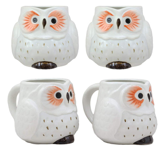 Ebros Gift Whimsical Tundra Forest Big Eyed White Snow Owl Ceramic 11oz Drinking Mugs Set of 4 As Kitchen Dining Home Decor Of Owls Owlet Nocturnal Bird Novelty Mug Cups For Coffee Tea Milk Beverage