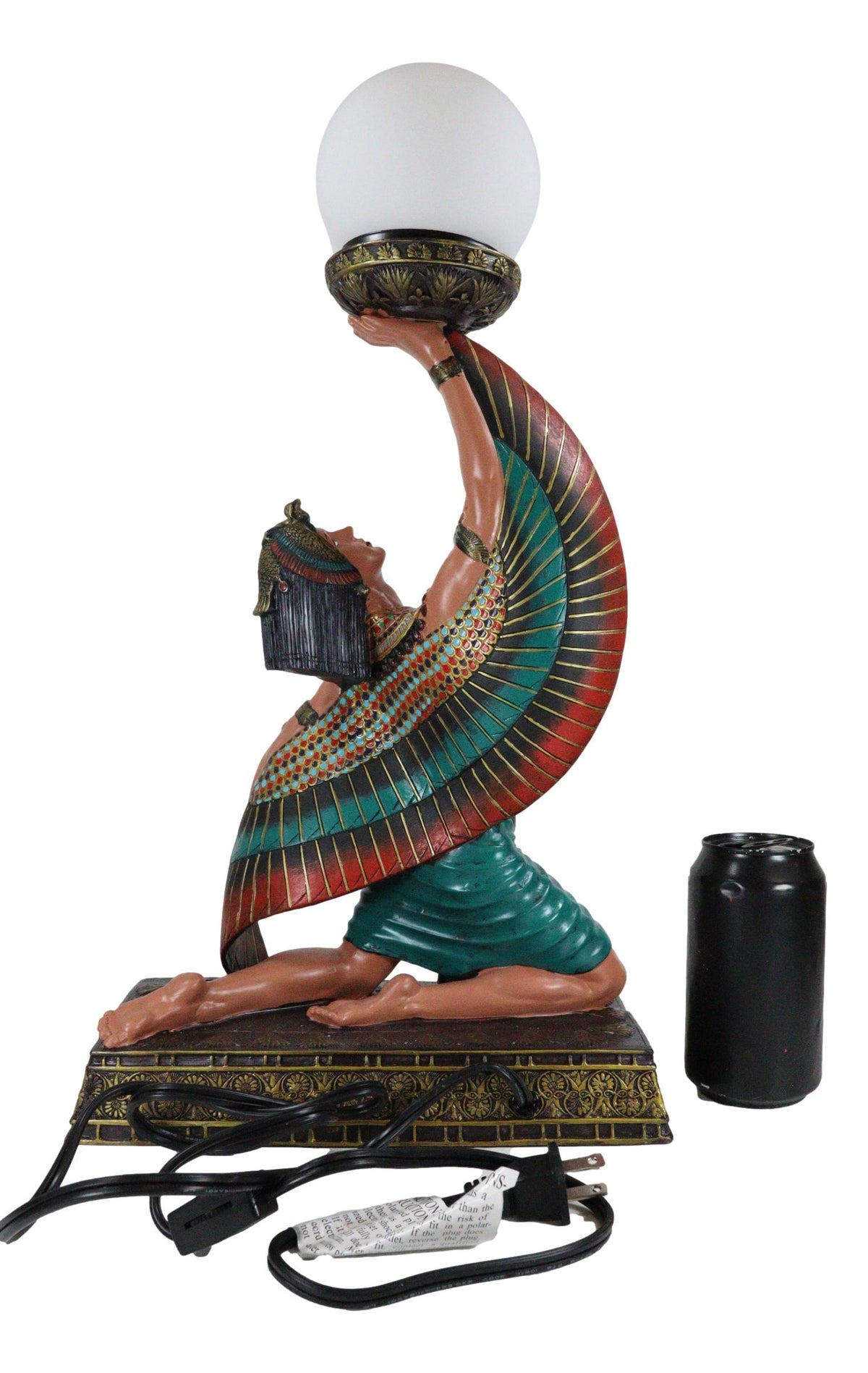 Egyptian Winged Goddess Isis Dancing Side Table Glass Orb Sphere Lamp Statue