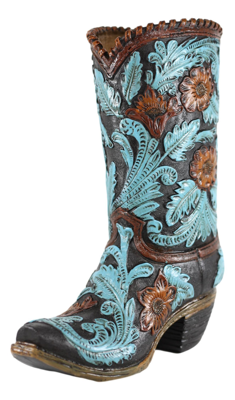 Turquoise Maroon Floral Scroll Lace Damask Cowboy Boot Vase Planter Figurine 12"