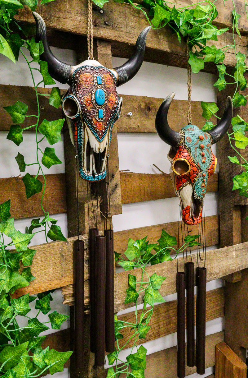 Set Of 2 Southwest Boho Chic Turquoise Ember Floral Scroll Cow Skull Wind Chimes