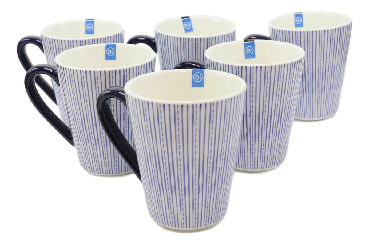 Set of 6 Eleanor Blue And White Linear Patterns Contemporary Porcelain Mugs 10oz