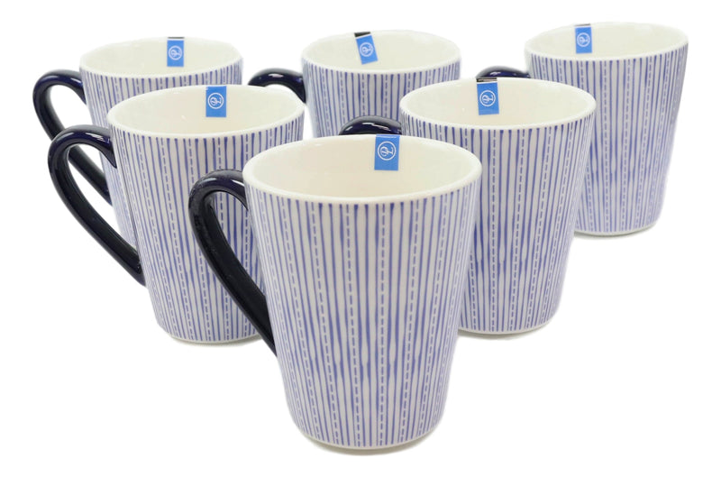 Set of 6 Eleanor Blue And White Linear Patterns Contemporary Porcelain Mugs 10oz