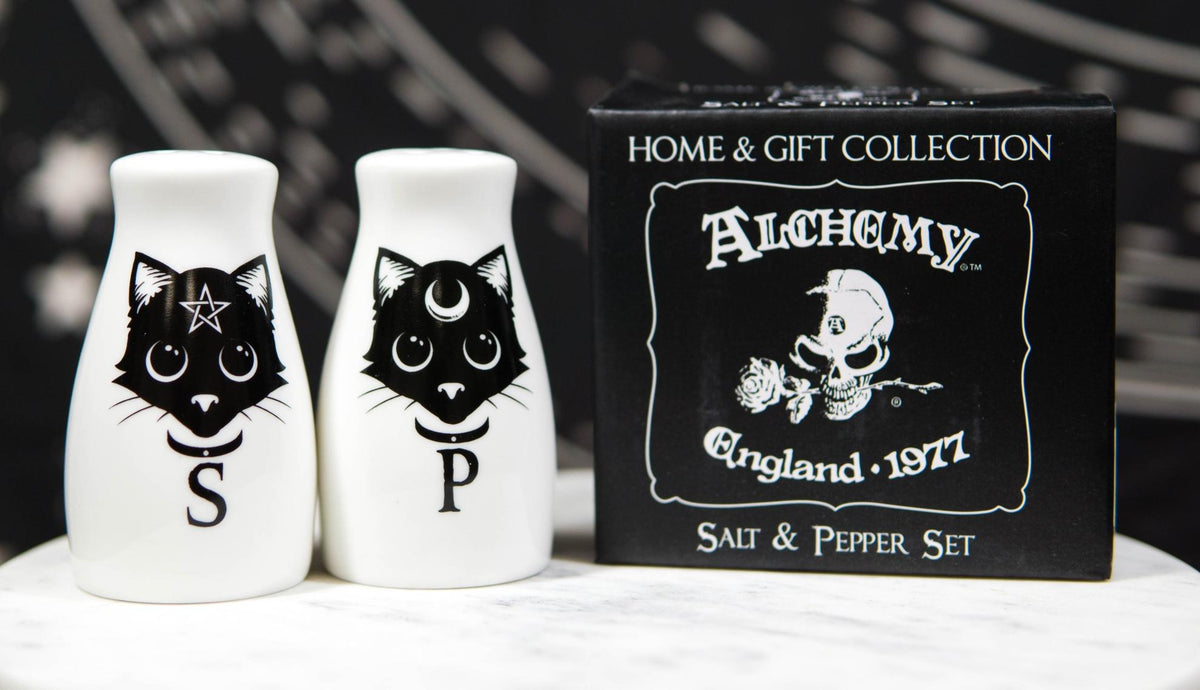 Wicca Magic Sacred Cats Pentacle Crescent Moon Ceramic Salt n Pepper Shakers Set - Ebros Gift