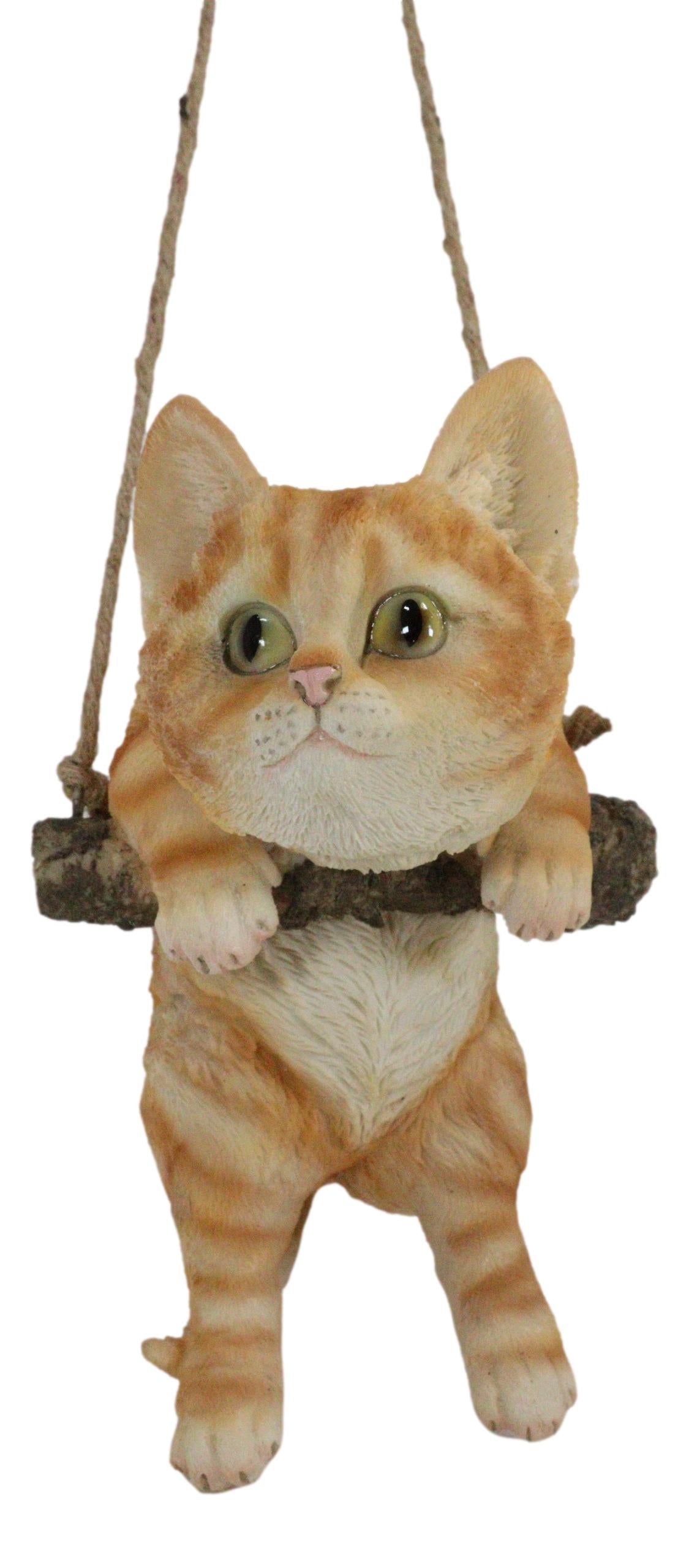 Set Of 2 Lifelike Feline Tabby Kitten Cats On Branch Swing Hanger Wall Decors