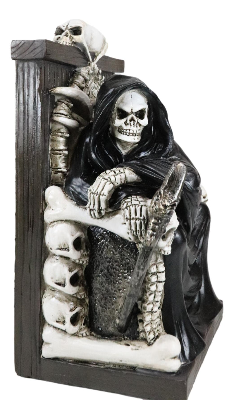 Gothic Grim Reaper Sitting On Skulls And Skeleton Bones Thrones Bookends Statue