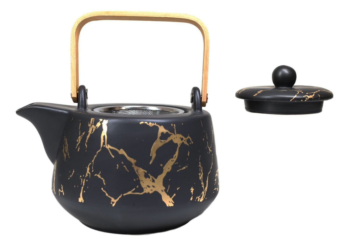 Black Faux Marble With Gold Veins Ceramic Tea Pot And Cups With Tray Set For 4 - Ebros Gift