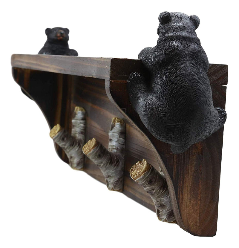 Rustic 2 Climbing Black Bears With 3 Birch Coat Hooks Wall Floating Wood Shelf
