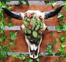 12"L Southwestern Steer Cow Skull With Ropes And Cactus Blooms Wall Decor Plaque