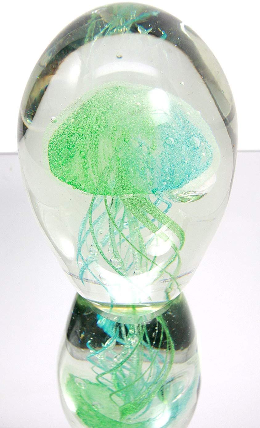 Ebros Gift Nautical Teal Blue and Green Hand Blown Glass Art Glow in The Dark Jellyfish Figurine Coastal Ocean Under The Sea Paperweight Office Desktop Table Decor Accent