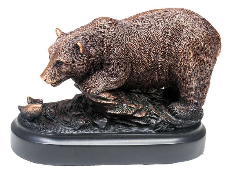 Woodlands Grizzly Bear By River Rock Catching Fish Bronze Electroplated Figurine