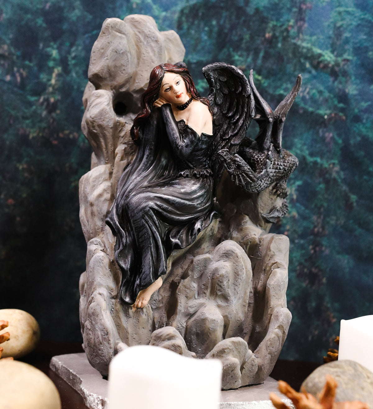 Ebros Gothic Dark Angel W/ Shadow Dragon On Waterfall Rocky Cliff Figurine 7.5" H