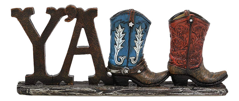 Ebros Gift 10.25"Long Rustic Western Southwestern Y'all Sign In Tooled Faux Leather Cowboy Boots Resin Desktop Plaque Decorative Figurine Table Shelf