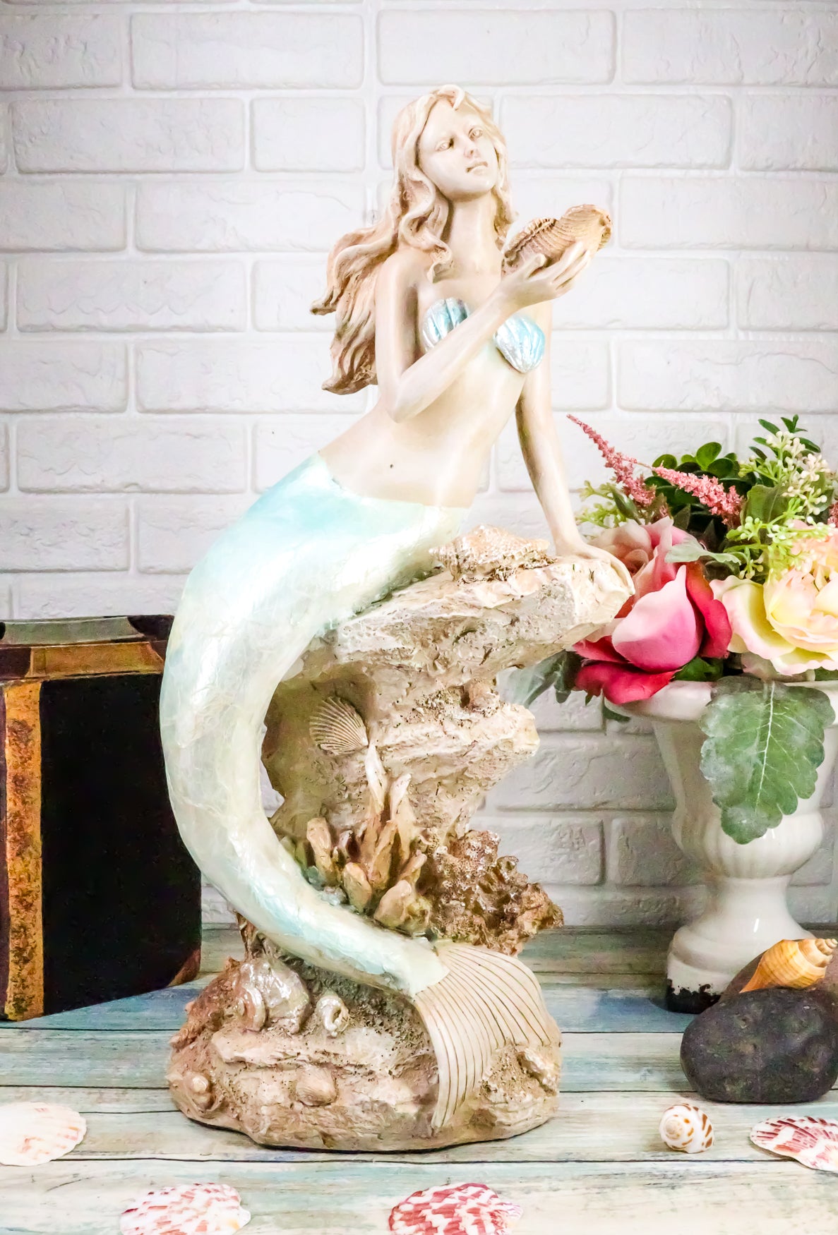 Ebros Gift Large Aquamarine Pretty Goddess Mermaid Listening To Ocean Sconce Figurine 17"H