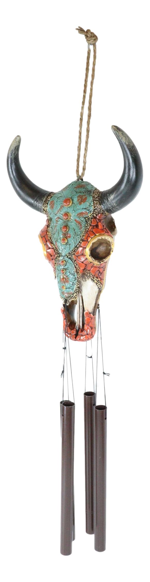 Set Of 2 Southwest Boho Chic Turquoise Ember Floral Scroll Cow Skull Wind Chimes