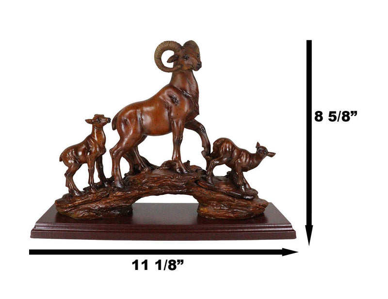 Rustic Country Bighorn Sheep Ram With Lambs On Rock Faux Mahogany Wood Figurine
