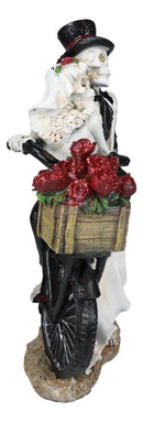 Love Never Dies Skeleton Bridal Couple On Bicycle With Basket of Roses Figurine