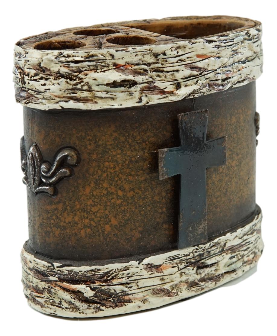 Rustic Western Cross With Birchwood Accent Soap Dish Toothbrush Holder Cup Set