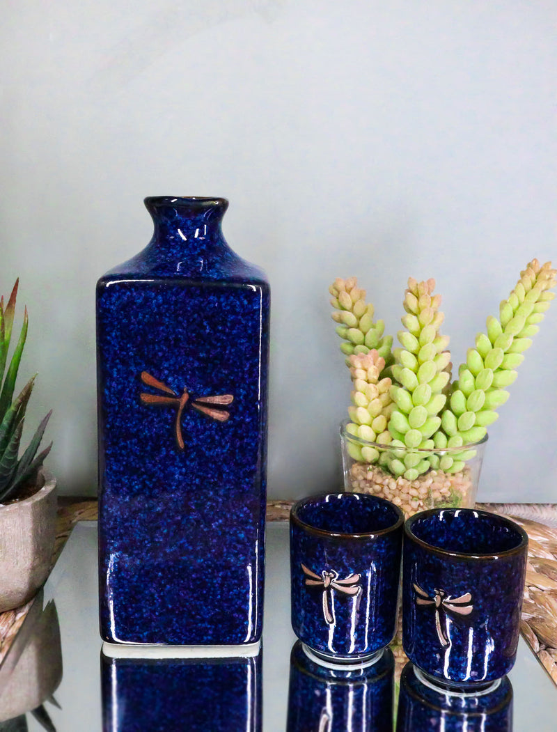 Japanese 14oz Ceramic Midnight Blue Dragonfly Tombo Sake Set Flask With Four Cups