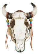 Southwest Tooled Leather Cow Skull With Turquoise Gems And Feathers Wall Decor