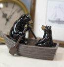 Western Rustic Black Bears Father and Son Family Rowing Canoe Boat Figurine