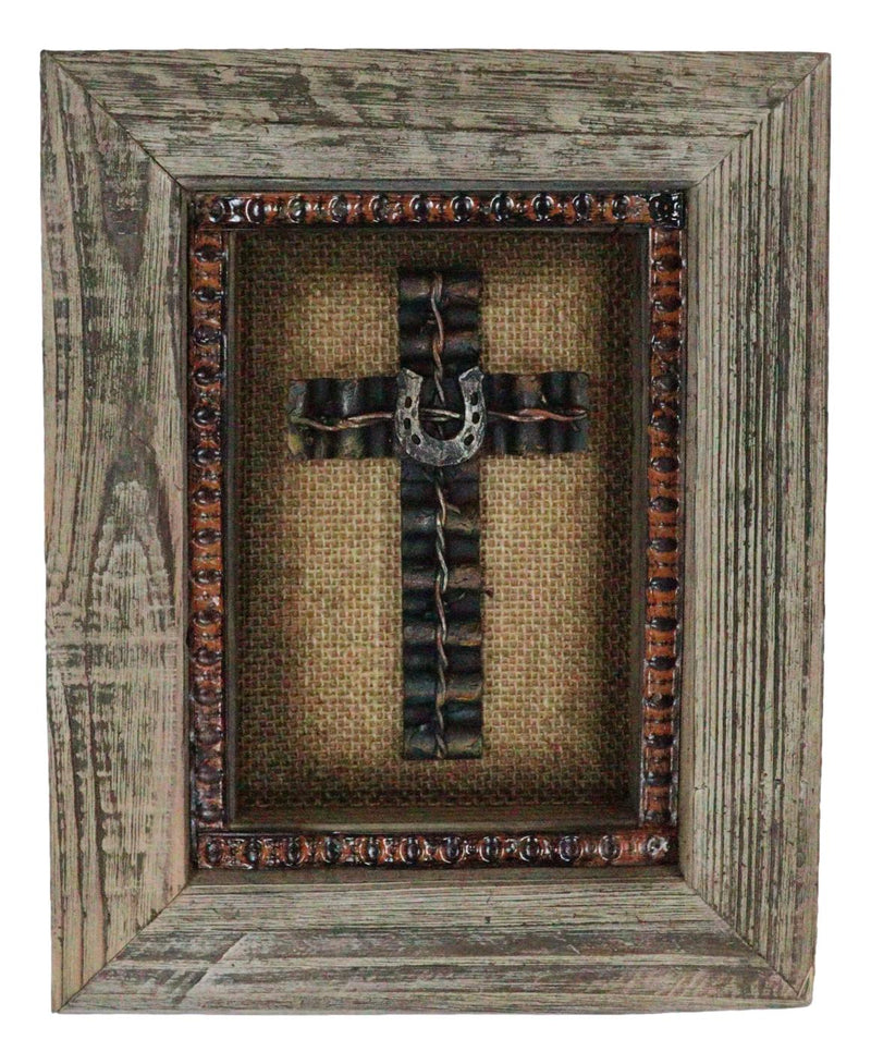 Pack of 2 Rustic Western Turquoise Gems Horseshoe Cross Wood Framed Wall Decors
