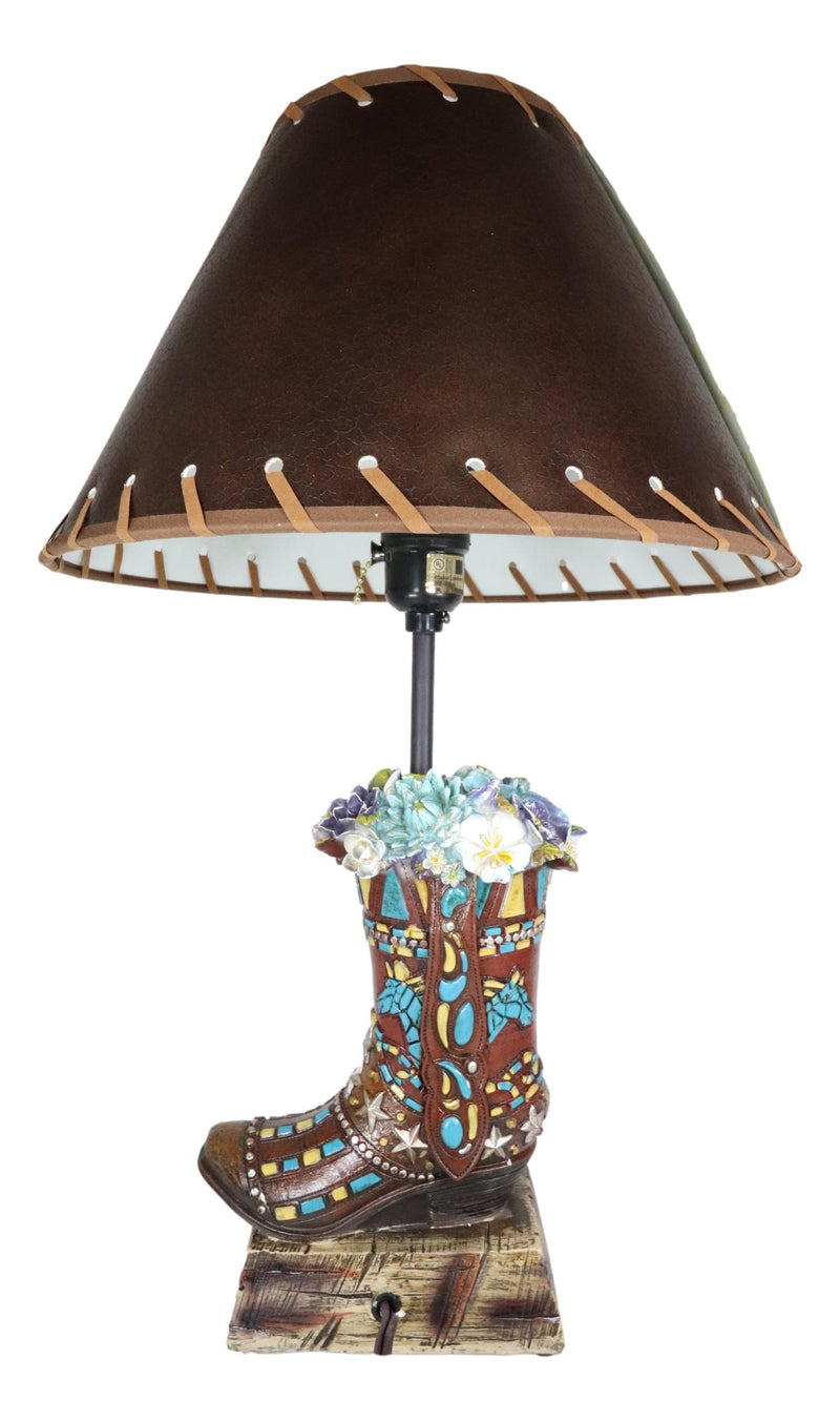 Rustic Western Faux Tooled Leather Floral Succulents Cowboy Boot Table Lamp