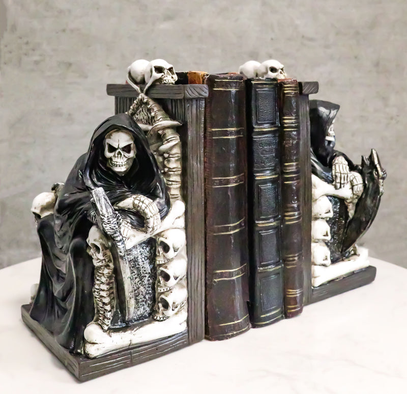 Gothic Grim Reaper Sitting On Skulls And Skeleton Bones Thrones Bookends Statue