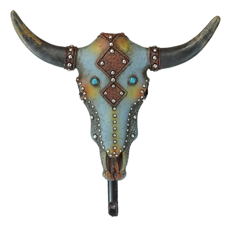 Set Of 2 Western Faux Wood And Tooled Leather Steer Bull Cow Skull Wall Hooks