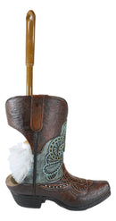 Western Turquoise Floral Tooled Leather Cowboy Boot Toilet Brush And Holder Set