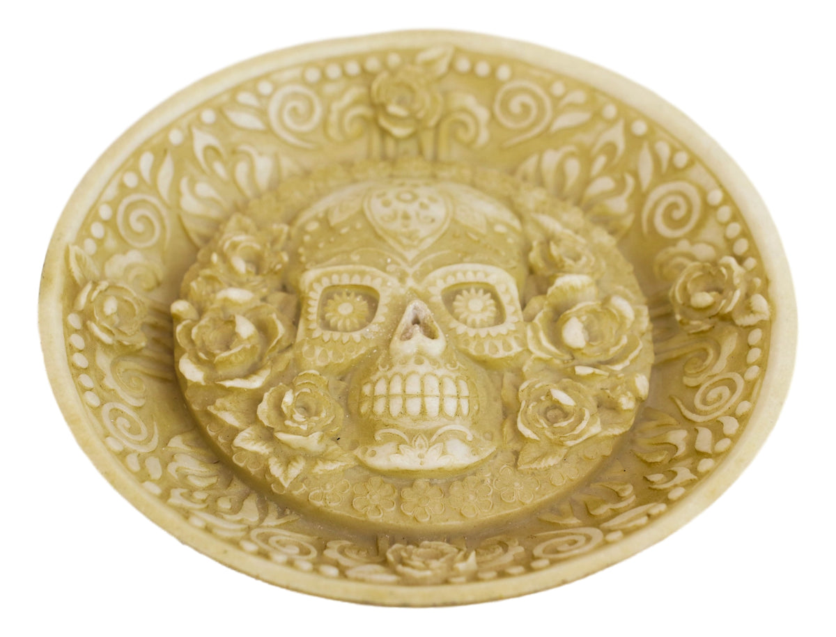 Day of The Dead Floral Sugar Skull Incense Burner Holder Medallion Dish Statue