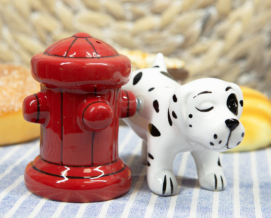 Ebros Peeing Dalmatian & Fire Hydrant Ceramic Salt Pepper Shaker Magnetic Set Figurine