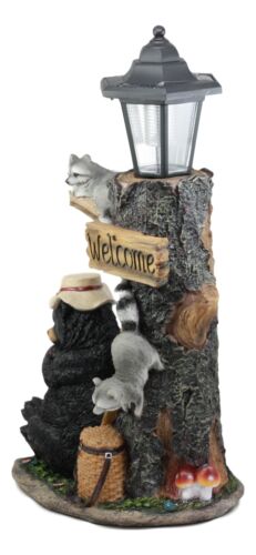 Summer Naps Lazy Bear With Raccoon Friends Welcome Sign Statue With Solar Light