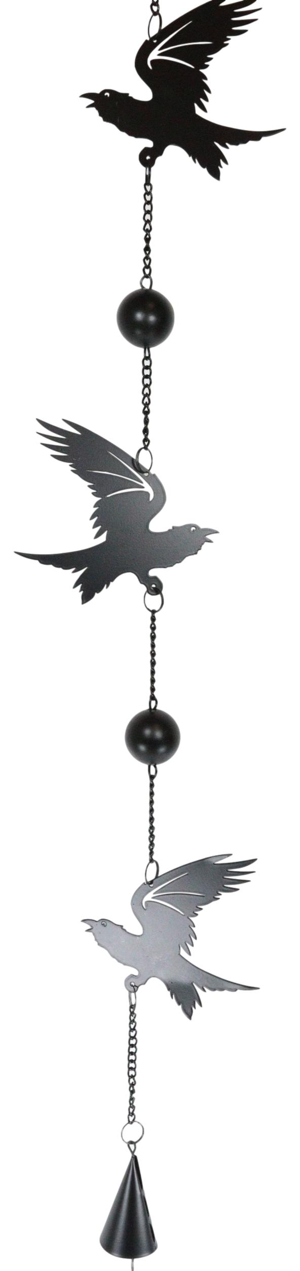 Gothic Bad Omen Trio Crow Ravens Metal Wall Hanging Mobile Wind Chime With Beads