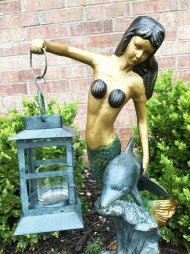 Ebros Garden Ocean Mermaid Goddess Holding Candle Lantern Aluminum Statue 21"H