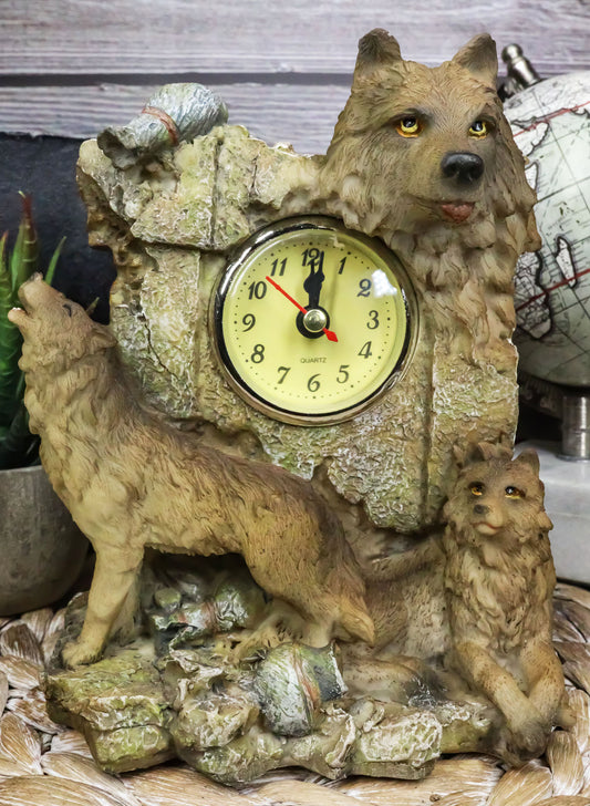 Jungle Forest Woodlands Howling Gray Wolf Timberwolf Family Table Clock Figurine